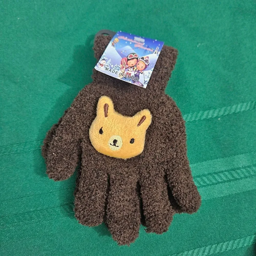 2/$15 2 Pairs Brown Kids Mittens with Animal Design